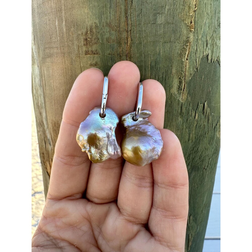 Iridescent Baroque Pearl Earrings, Mismatched Sterling Silver Hoops